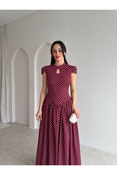 ALPŞAN TİCARET Burgundy Polka Dot Retro Model Collar Detailed Maxi Dress Wedd...