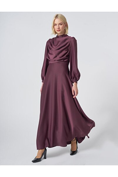 Kayra Degaje Collar Satin Dress Cocoa Powder