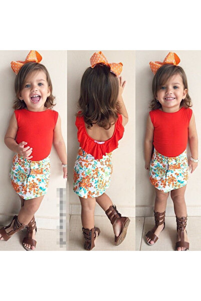drool Set tricou rosu cu volanas si fusta cu floricele (Marime: 130)
