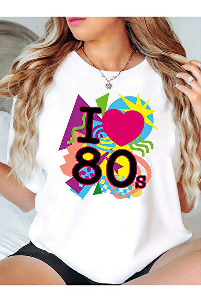 STITCHLY بلوزة نسائية مطبوعة باللونين الأسود والأبيض مع طباعة "I Love 80S"، م...