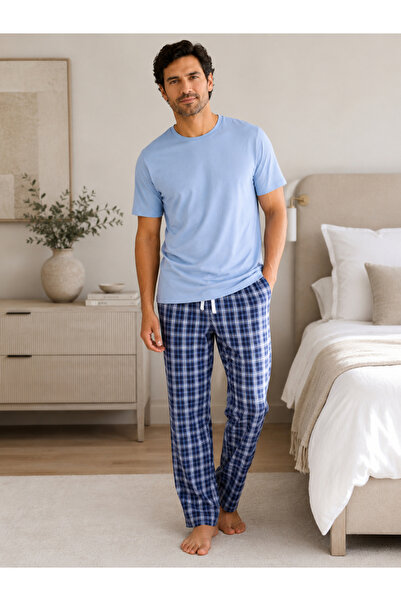 Victor and Jane By Styli Men Checkered Short Sleeve T-Shirt and Pyjama Set