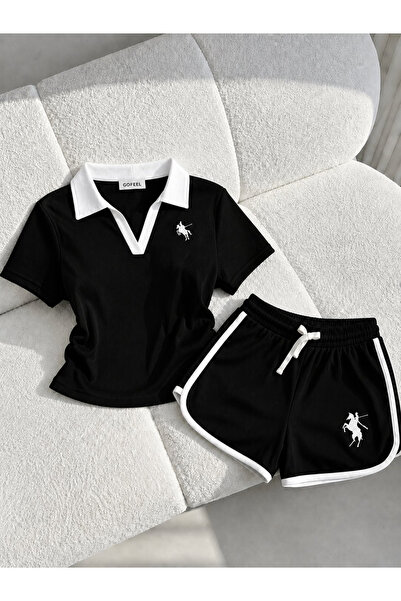 Gofeel Basic Polo Yaka Nakışlı Şort Bluz Takım