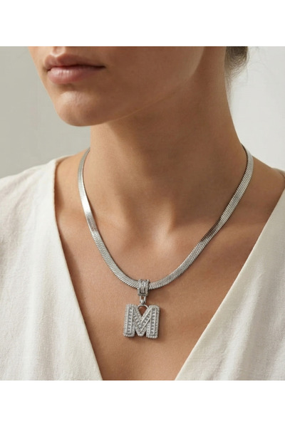 FM 💎   Premium Silver Color Shiny Stone 316L Steel Letter m Necklace (45cm L...