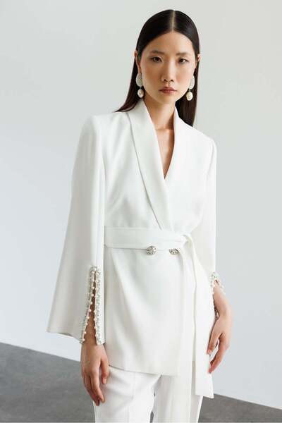 Moda İlgi Modailgi Jacket with Slits on the Sleeves and Pearl Accessory Detai...