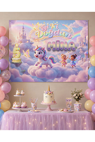 parti afiş Unicorn Temalı Kişiye Özel Çocuk Doğum Günü Afişi - Vinil Branda P...