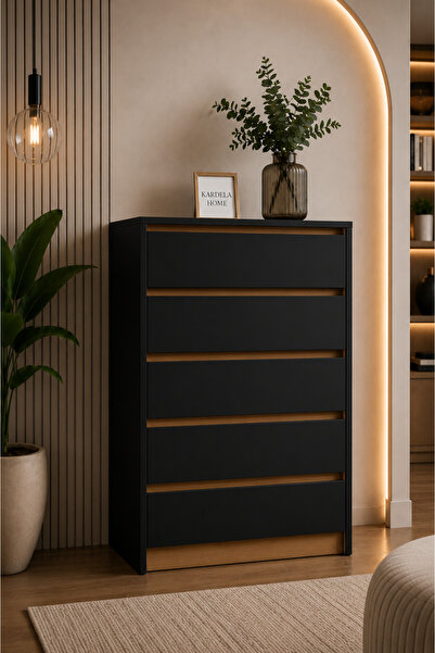 Kardelahome Kardela %100 MDF Premium 5 Çekmeceli Şifonyer Siyah