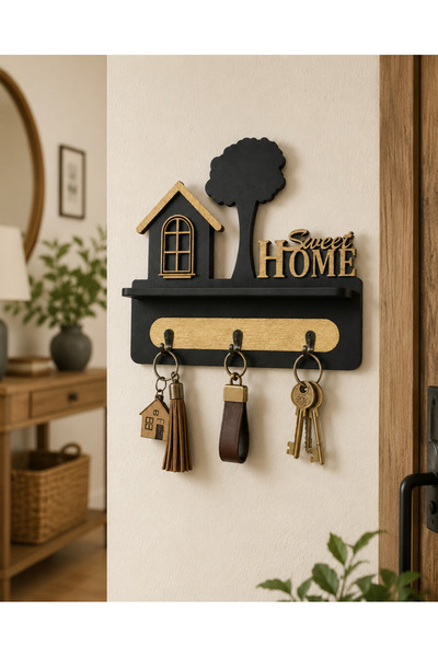 woodline Sweet Home Duvar Anahtarlığı Raflı 3 Askılı Dekoratif Ahşap Görünüml...