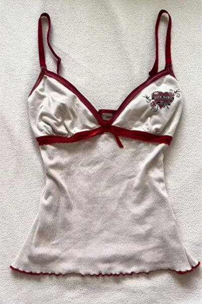 BALİNA Beyaz Vive Maria Kırmızı Şeritli Fiyonk Detaylı Vintage Y2K Askılı Crop