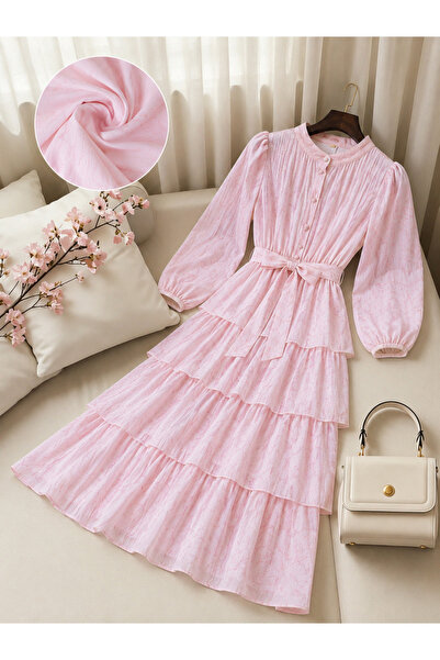 CALİSA Premium Powder Pink Layered Long Dress with Belt, Crinkle Textured Hij...