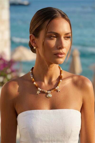 MatmazelLavinya Brown Natural Stone Look and Pearl Charm Summer Necklace