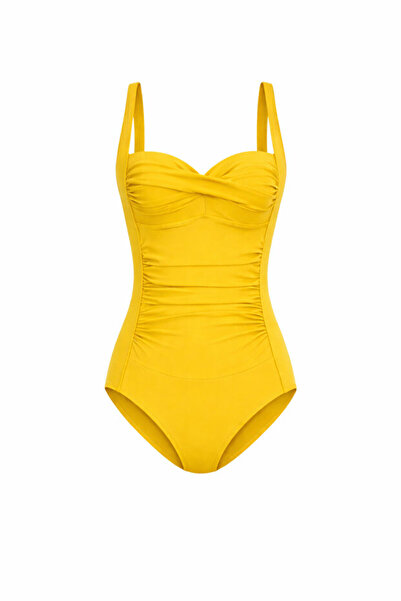 Bermody Frida Women's Yellow Draped Covered Gathered Slimming Effective Adjus...