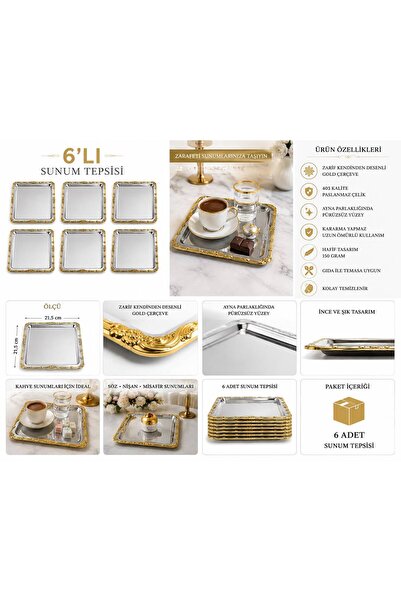 Turkco Kendinden Desenli Gold Çerçeveli Paslanmaz Çelik Sunum Tepsisi 21,5x21...
