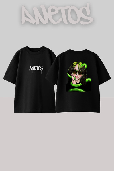 Anetos تي شيرت أسود كبير الحجم مطبوع بتصميم بيلي إيليش ييلان