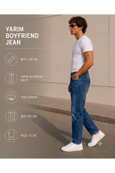 fashionistanbul Men's Boyfriend Jeans Dark Blue Loose Fit Comfortable Denim Jeans