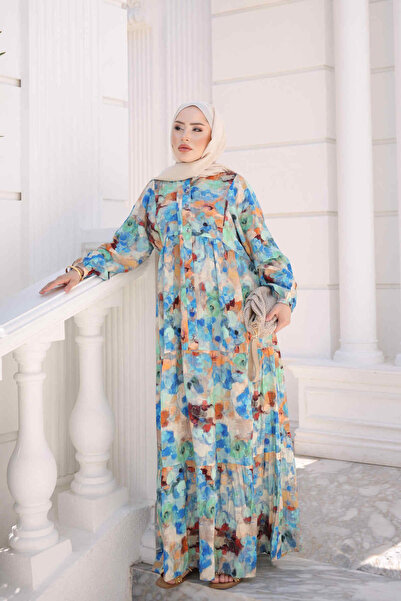 İmajButik Μπλε φόρεμα με μισά μανίκια με κουμπιά και ελαστική φούστα με στρώσεις