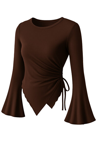 WEEST MODA Round Neck Drape Detailed Spanish Sleeve Hijab Compatible Top Blouse