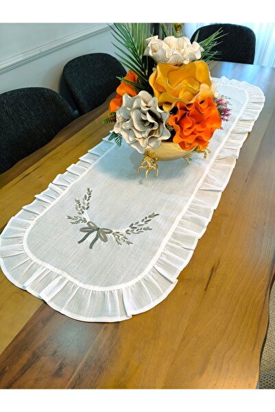 Esin Tasarımçeyizevi Krem Fırfırlı Nakışlı Lüks Runner (14o x 50 cm)