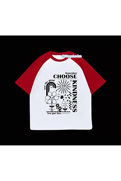 Minga London اختر تي شيرتًا أحمر بأكمام راجلان مطبوع عليه Choose Kindness