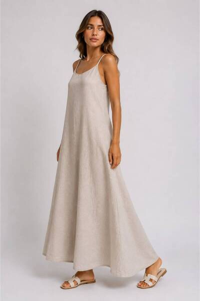 ASL WOMAN Women's Beige Strappy Long Linen Look Maxi Dress