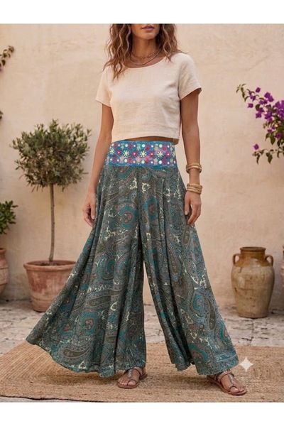 AYASOFYA OTANTIK Women's Indian Elastic Waist Ethnic Patterned Silk Trousers ...