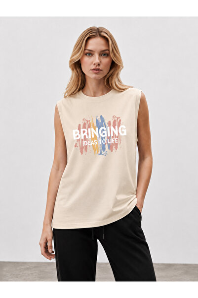 caddekombin Zero Sleeve Women's Modern Art Printed Crew Neck T-Shirt