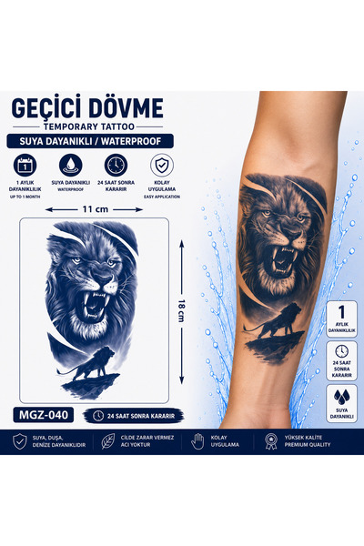 medink tattoo 1 Ay Kalıcı Sonradan Kararan 11X 18 cm Aslan model geçici dövme...