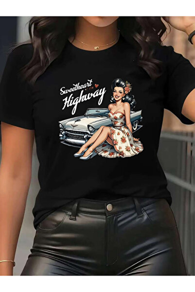 1001 Line Women's Pinup Graphic Tee - High-Quality Casual Short Sleeve T-Shir...