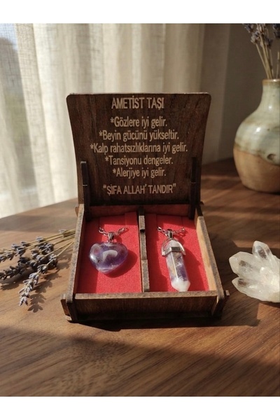 Meneva Aksesuar Amethyst Stone Double Necklace Set with Wooden Box