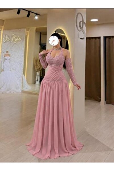 ALPHALUNA Flesh-colored evening dress with separate sleeves decorated with se...