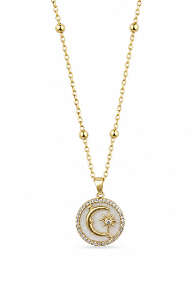 Jack Ferrero Yellow Color Moon Star Motif Zircon Stone Steel Necklace Women's...