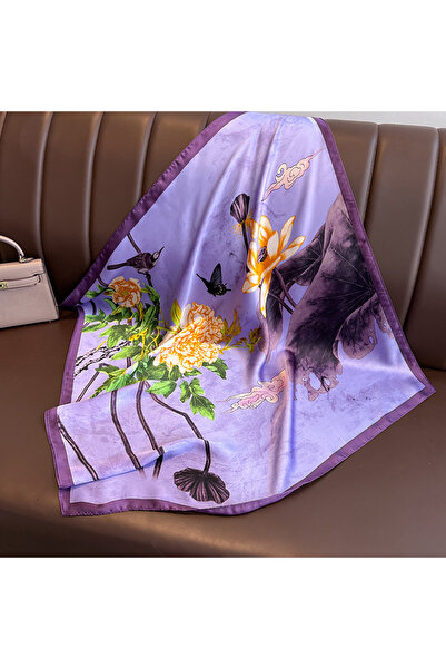 Choice وشاح حريري مربع 70×70 سم W-67-2-بنفسجي بطباعة زهور للنساء والرجال، حجا...
