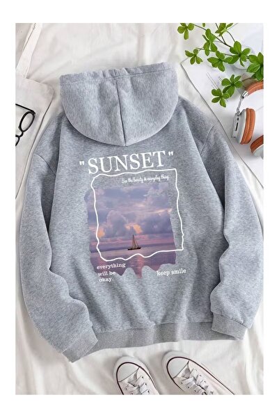 ZİYMO Women's Hooded Back Printed Relaxed Fit Sweatshirt