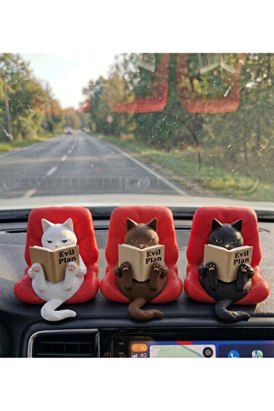 IL-HANST 3'Lü set Kitap Okuyan Kedi Figürü otomobil torpido süsü , kitaplık s...