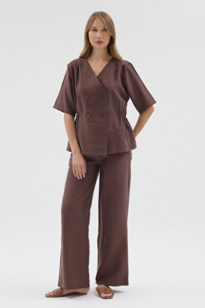 zitex Women's Brown Side Gathered Buttoned Linen Blend Top and Bottom Set