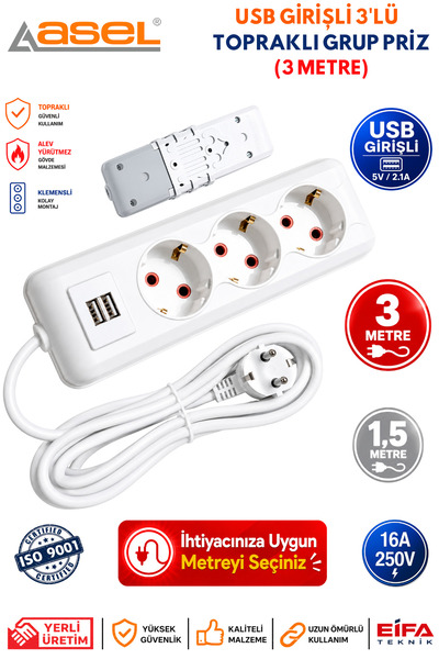 Asel 3'lü USB'li 3 Metre Topraklı Grup Priz (Çoklu Priz) Uzatma Kablosu