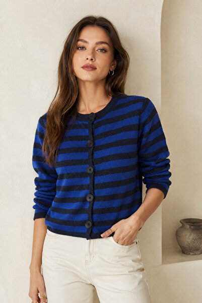 Devinka Women's Blue Buttoned Long Sleeve Striped Knitwear Cardigan