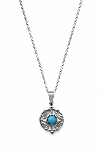 Jack Ferrero Turquoise Stone Detailed Sun Motif Gray Steel Necklace