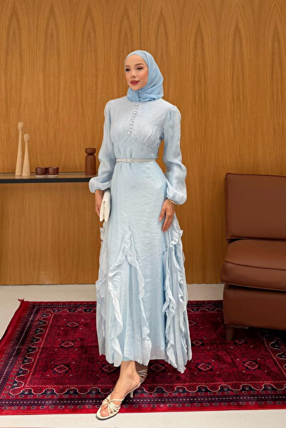 fushya design Kaplama Düğmeli Volan Detaylı Kemerli Elbise