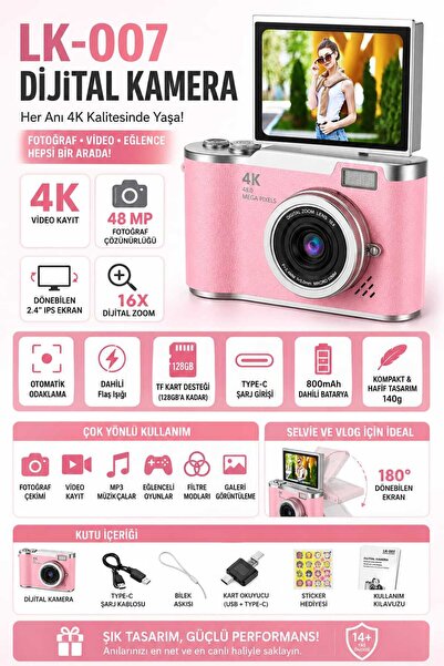 beemen LK-007 4K Dijital Kamera 48 MP Selfie Ekranlı Vlog Kamerası 16X Dijital Zoom Type-C Şarj Çocuk ve Başlangıç Seviyesi Kamera