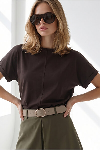 Olalook Women's Bitter Brown Bat Model Sleeve Folded Loose Fit Cotton T-Shirt...