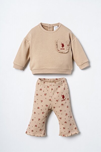 U.S. Polo Assn. Embroidered Baby Girl Brown Long Sleeve Pajama Set Usb3251-C-V1
