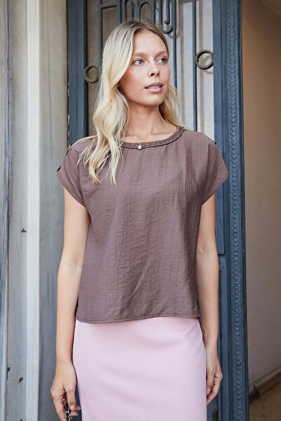 Jument Women's Wide Crew Neckline Blouse with Knitted Accessories and Shoulde...