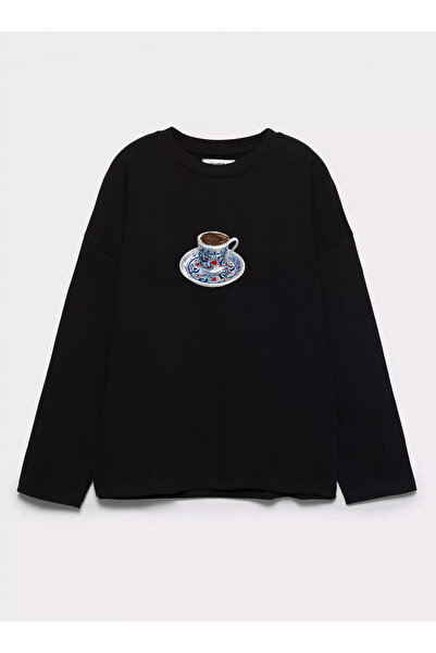 Disante %100 Pamuk Oversize Fit Turkish Coffee 2 Baskılı - Bisiklet Yaka Uzun...
