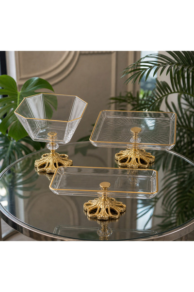 Elta Collection Gold 3 Parça Pasta Sunumluk Set | Kurabiyelik & Servis Tabağı -
