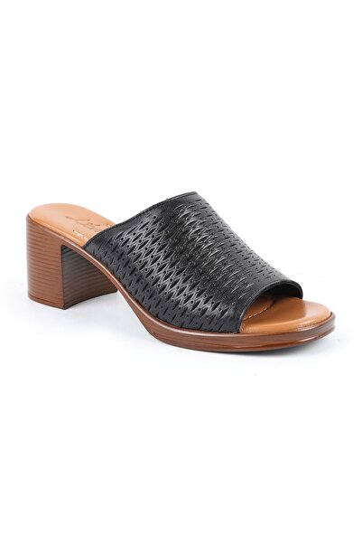 Libero Women's Heeled Slippers Laser Cut Wide Band Thick Medium Heel Antique ...