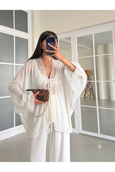 Olbia Women's White Lace Detailed Tie-Up Flowy Stylish Chiffon Blouse