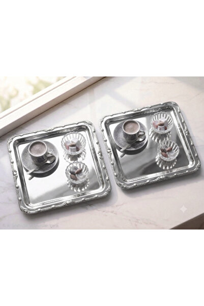 SEVA ÇELİK Stainless Steel Square 2-Piece Tea and Coffee Presentation Tray wi...