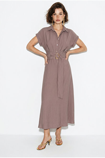 Bianco Lucci Women's Belted Shirt Collar Modal Midi Dress 2779 60286412
