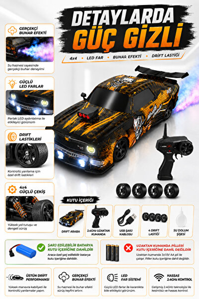 YILDIRIM OYUNCAK Uzaktan Kumandalı Şarjlı Işıklı ve Buhar Atan 4x4 Drift Araba – 2.4GHz 1:16 Ölçek LED Farlı Drift Lastikli RC Yarış Arabası 6+ Yaş