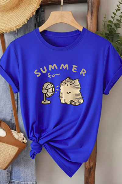 l'eivor Summer Fan Cat Printed Women's Cotton T-Shirt
